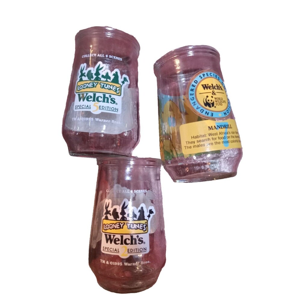 Vintage Welch's Jelly Jars Looney Tunes, World Life Fund Glasses Lot Of 3